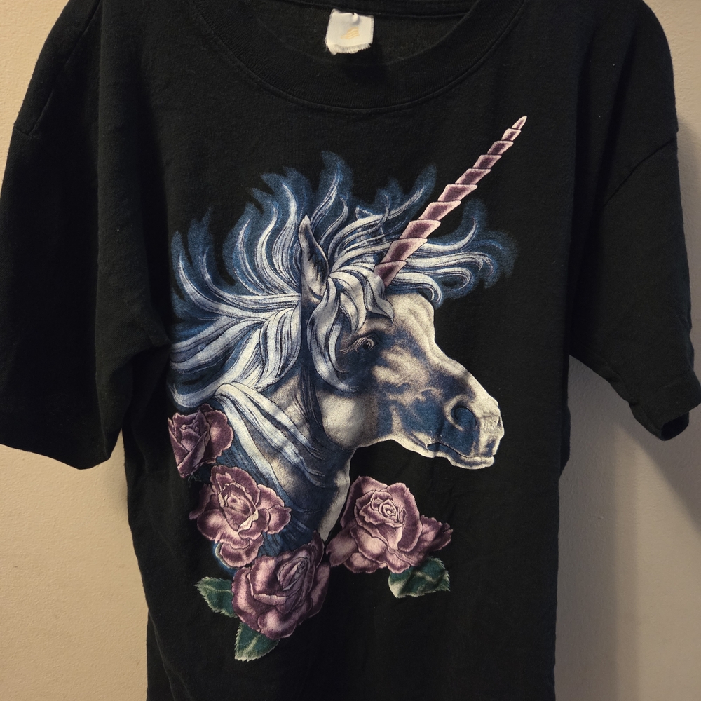 Black T-Shirt with Unicorn and Roses Design - Picture 3 of 6